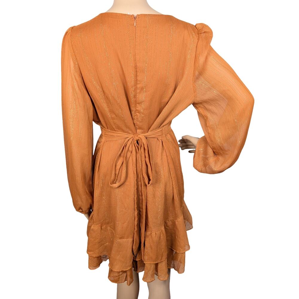 Showpo Burnt Orange Metallic V-neck Long Sleeve Ruffled Mini Party Dress SZ 12 - Picture 6 of 8